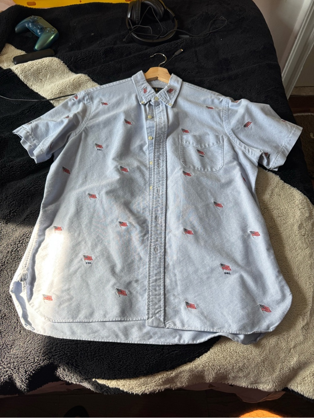 Ralph Lauren Light Blue Short-Sleeve Button-Down Shirt with Flag Embroidery